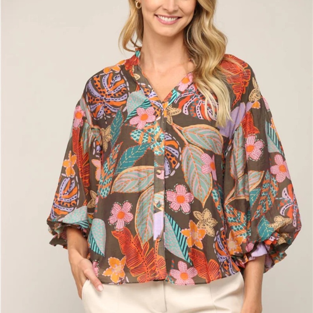 Golden Boutique Floral Button Down Puff Sleeve Blouse Size 3X